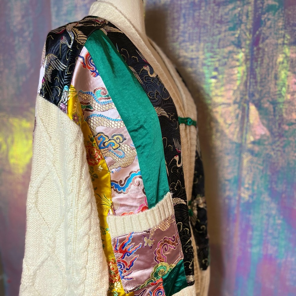 Pastel Multicolor Satin Patchwork Cardigan Coat